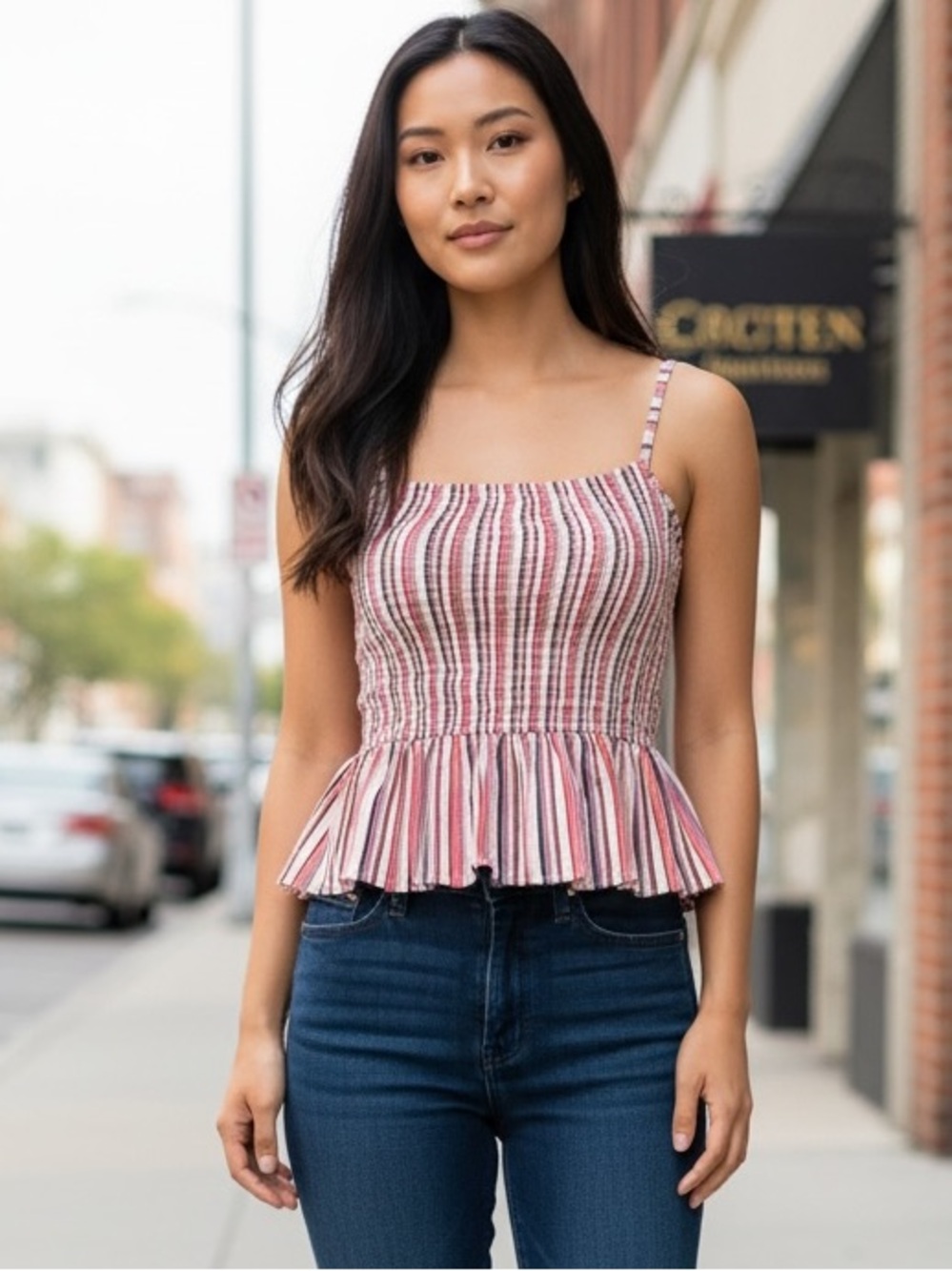 Angie Smocked Ruffled Peplum Hem Striped Tank Top. Size S NEW